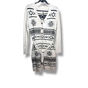 Lucky Brand Snowflake Geometric Cardigan Sweater Dress in cream/black